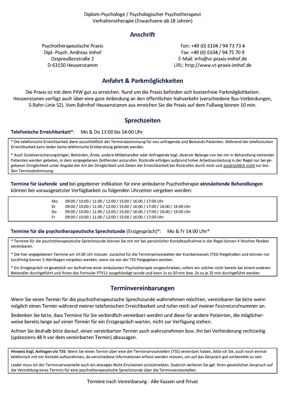 Anschrift und Sprechzeiten